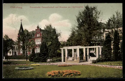 AK Oldenburg, Preussische Gesandtschaft und Brunnen am Cäcilienplatz