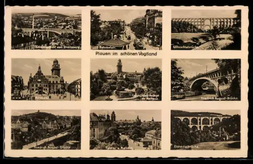 AK Plauen im Vogtland, Altmarkt, Bahnhofstr., Göltzschtalbrücke, Friedr.-August-Brücke, Elstertalbrücke
