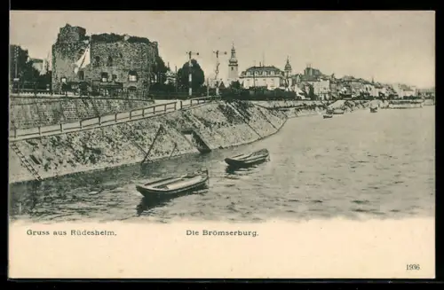 AK Rüdesheim am Rhein, Brömserburg am Flussufer