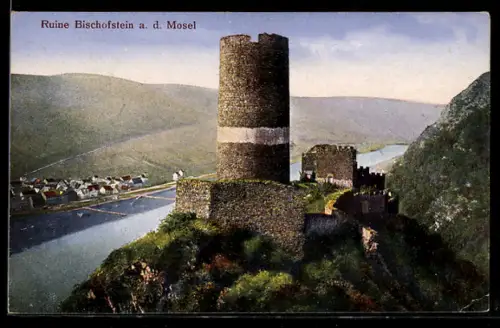 AK Bischofstein a. d. Mosel, Ruine mit Blick zum Ort