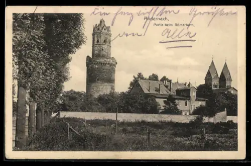 AK Andernach, Partie beim Römerturm mit Teilansicht des ORtes