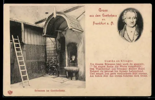 AK Frankfurt, Brunnen im Goethehaus, Portrait von Goethe