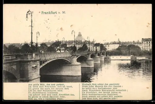 AK Frankfurt a. M., Flusspartie mit Brücke und Strassenbahn