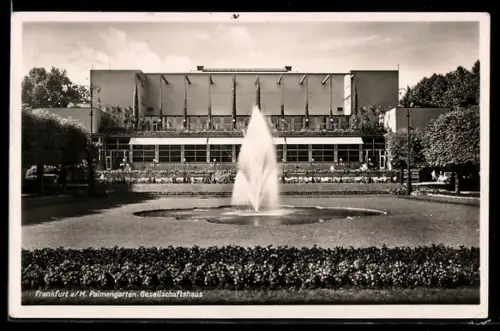 AK Frankfurt-Westend, Partie im Palmengarten mit Gesellschaftshaus und Springbrunnen