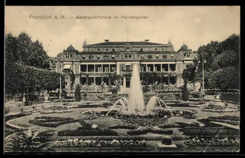 AK Frankfurt-Westend, Partie im Palmengarten mit Springbrunnen und Gesellschaftshaus
