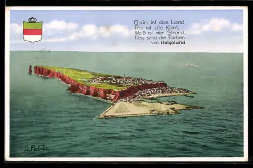 Künstler-AK Helgoland, Die Insel mit Wappen und Spruch