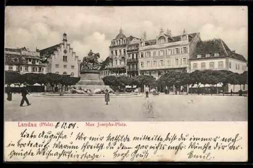 AK Landau /Pfalz, Partie am Max Josephs-Platz mit Reiterdenkmal