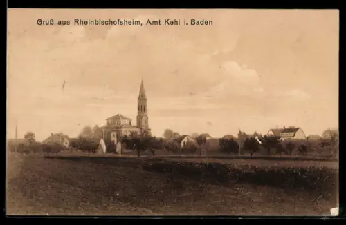 AK Kehl i. Baden, Totalansicht des Ortes mit Kirche
