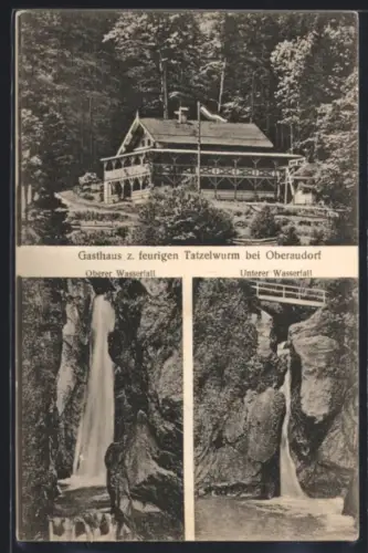 AK Oberaudorf, Gasthaus z. feurigen Tatzelwurm, oberer Wasserfall, unterer Wasserfall