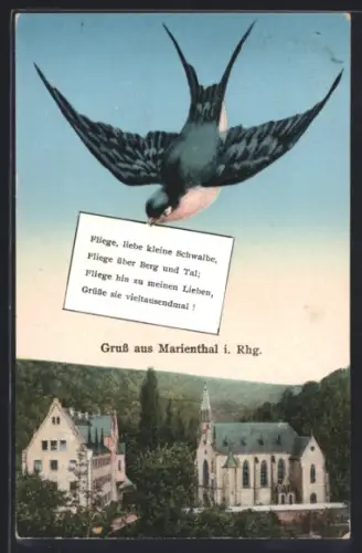 AK Marienthal i. Rhg., Kirche, Schwalbe mit Gruss