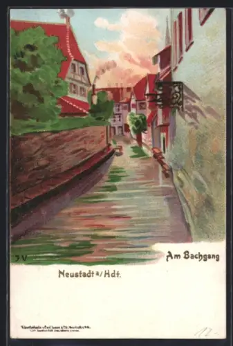Lithographie Neustadt a. Hdt., Am Bachgang