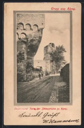 AK Alzey, Gesprengter Turm der Schlossruine