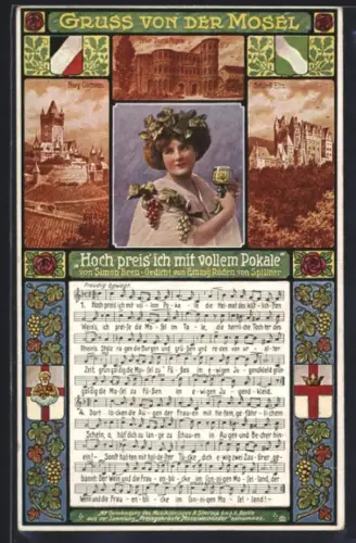 Lithographie Cochem /Mosel, Burg Cochem, Schloss Eltz, Weinmotiv, Liedtext und Musiknoten