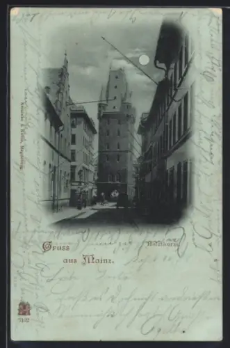 Mondschein-AK Mainz, Holzturm im Vollmondlicht