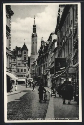 AK Zittau, Rathausplatz mit Reichenbergerstrasse