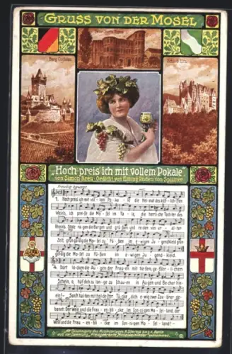 Lithographie Cochem /Mosel, Burg Cochem, Liedtext und Musiknoten Weinlied Hoch preis` ich mit vollem Pokale