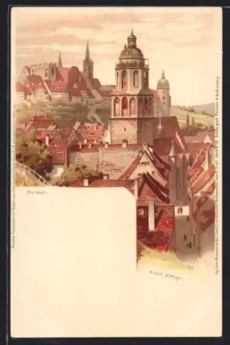 Lithographie Meissen, Stadtansicht mit Kirche und Albrechtsburg
