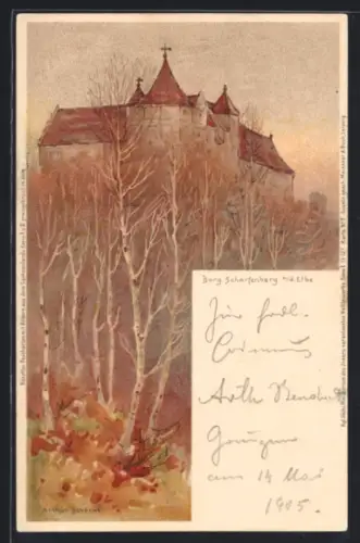 Lithographie Scharfenberg a. d. Elbe, Burg Scharfenberg