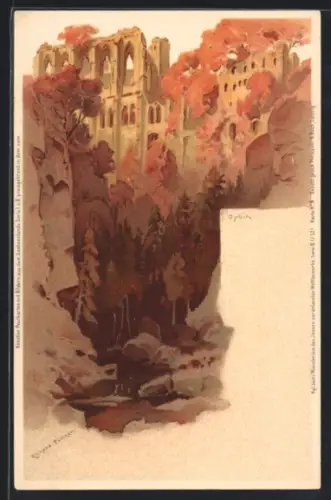 Lithographie Oybin, Klosterruine im Herbstlaub