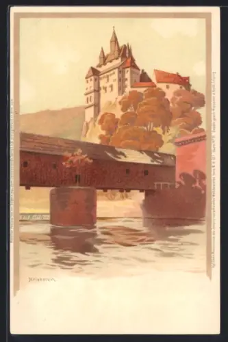 Lithographie Kriebstein, Burg Kriebstein, überdachte Holzbrücke