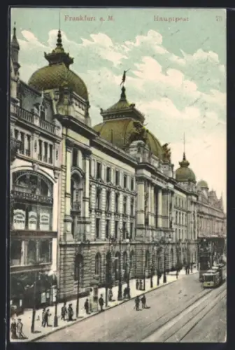 AK Frankfurt a. M., Hauptpost mit Strassenbahn