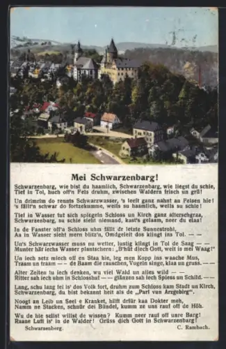 AK Schwarzenberg, Ortsansicht mit Burg, Liedtext Mei Schwarzenberg