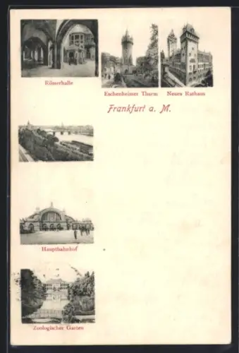 AK Frankfurt a. M., Römerhalle, Eschenheimer Thurm, Neues Rathaus, Hauptbahnhof, Zoologischer Garten