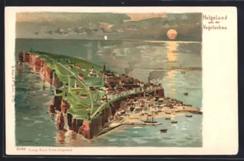 Lithographie Helgoland, Insel aus der Vogelschau