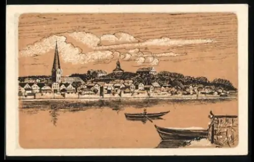 Notgeld Lauenburg a. d. Elbe, 10 Pfennig, Ortsansicht über die Elbe hinweg, Wappen mit Stadttor