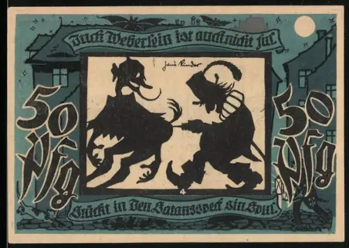 Notgeld Lichtenstein-Callnberg 1921, 50 Pfennig, Silhouetten von Figuren und Ortsansicht