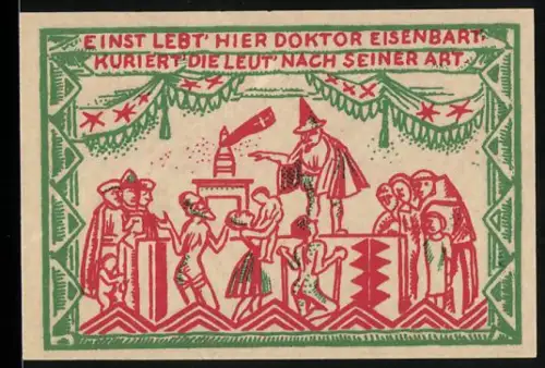 Notgeld Magdeburg 1921, 50 Pfennig, Dr. Eisenbart kuriert Leute nach seiner Art, Otto I. erbaut Magdeburg