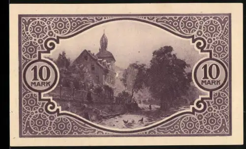 Notgeld Mosbach 1918, 10 Mark, Ortspartie mit Kirche