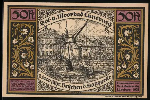 Notgeld Lüneburg 1923, 50 Pfennig, Saline mit altem Kran und mittelalterliche Versammlungsszene