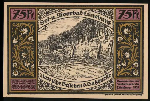 Notgeld Lüneburg 1921, 75 Pf, alte Stadtmauer und historische Szene der Sülfmeisterzeit
