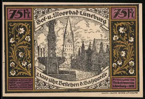 Notgeld Lüneburg 1921, 75 Pf, Ortsansicht und Befreiung aus Kloster