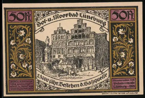 Notgeld Lüneburg 1921, 50 Pf, Sülfmeisterbrunnen und historische Szene im Blauen Turm