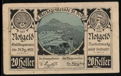 Notgeld St. Veit a. d. Gölsen 1920, 20 Heller, Berglandschaft mit Kirche und Wappen