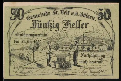 Notgeld St. Veit a. d. Gölsen 1920, 50 Heller, ländliche Szene mit zwei Männern bei Arbeit