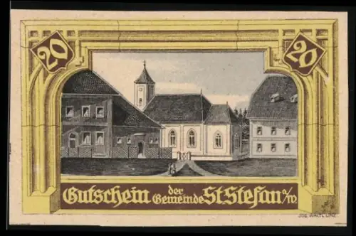 Notgeld St. Stefan a.W. 1920, 20 Heller, Gebäudeensemble mit Kirche und Fachwerkhäusern