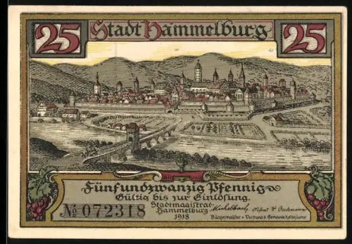 Notgeld Hammelburg 1918, 25 Pfennig, Ortsansicht und Buchdrucker Johan Froben
