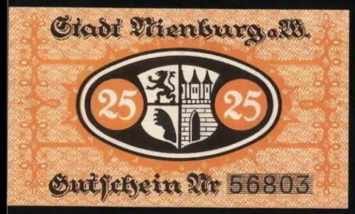 Notgeld Nienburg a. d. W., 25 Pfennig, Stadtwappen mit Löwe und Turm