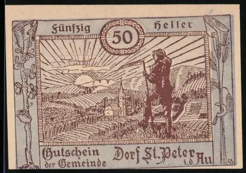 Notgeld St. Peter i.d. Au 1920, 50 Heller, Landschaft mit Wanderer und Kirche im Hintergrund