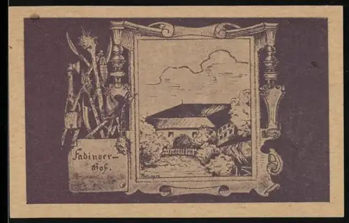 Notgeld St. Agatha b. W. 1920, 50 Heller, Gebäude mit Landschaft und Waffenarsenal