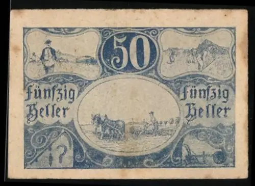 Notgeld Untergaisbach 1920, 50 Heller, ländliche Szenen mit Bauern und Pferdewagen