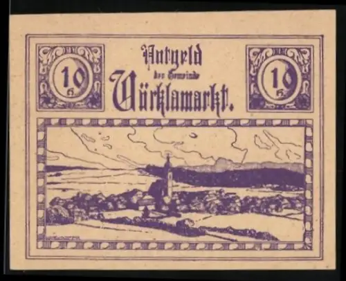Notgeld Vöcklamarkt 1920, 10 Heller, Landschaft mit Kirche und Hügeln