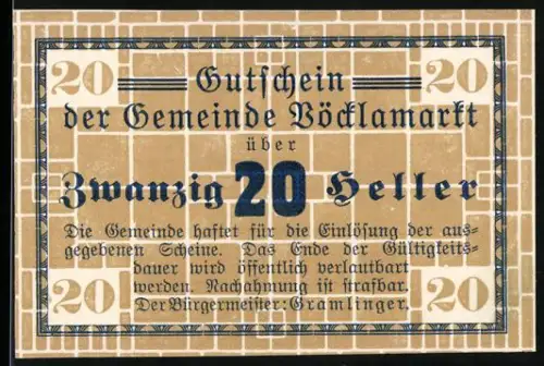 Notgeld Vöcklamarkt, 20 Heller, dekoratives Gittermuster mit Wertangabe