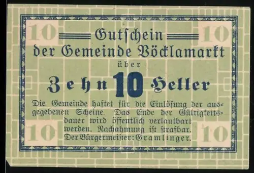 Notgeld Vöcklamarkt, 10 Heller, Gutschein mit blauem Text auf grünem Hintergrundmuster