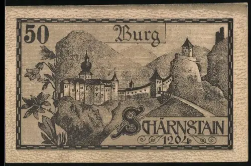 Notgeld Viechtwang 1920, 50 Heller, Burgmotiv mit Blumen und Landschaft