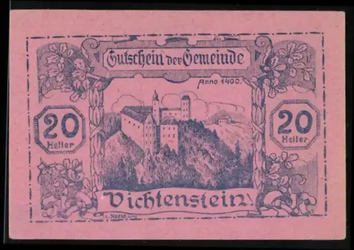Notgeld Vichtenstein 1920, 20 Heller, Burg auf Hügel mit floralen Mustern