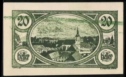 Notgeld Viechtwang 1920, 20 Heller, Ortsansicht mit Berglandschaft im Hintergrund